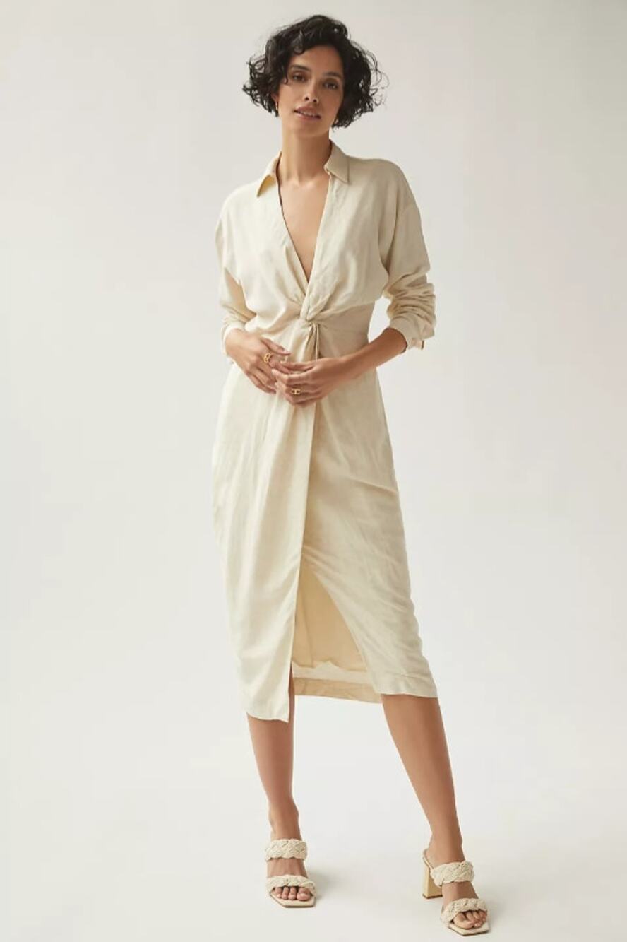 Anthropologie Women's 16W Ivory V-Neck Knot Front Midi Dress Quiet Luxury T4-9